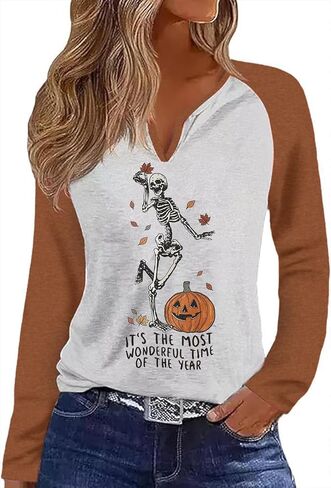 Fall Season V Neck Shirt for Women Funny Halloween Thanksgiving Plaid Long Sleeve Graphic Tee Family Party Raglan Tops in Saudi Arabia