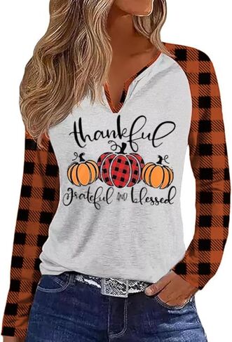Fall Season V Neck Shirt for Women Funny Halloween Thanksgiving Plaid Long Sleeve Graphic Tee Family Party Raglan Tops in Saudi Arabia