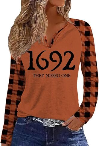 Fall Season V Neck Shirt for Women Funny Halloween Thanksgiving Plaid Long Sleeve Graphic Tee Family Party Raglan Tops in Saudi Arabia