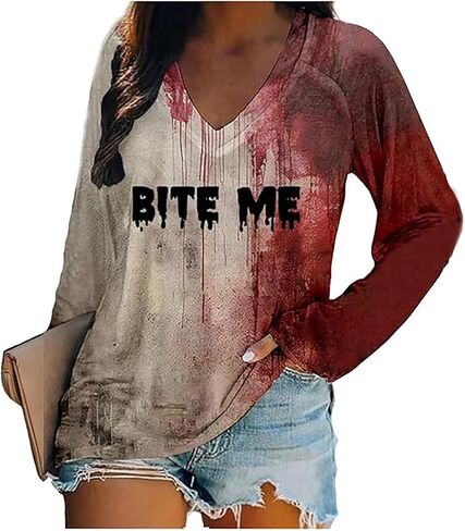 QIANRUO I'm Fine Bloody T Shirt Women Problem Solved Bloody Shirt Halloween Horror Blood Tee Long Sleeve V-Neck Tops Blouse in Saudi Arabia