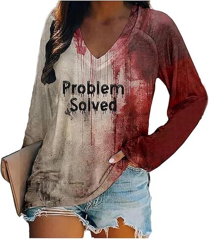 QIANRUO I'm Fine Bloody T Shirt Women Problem Solved Bloody Shirt Halloween Horror Blood Tee Long Sleeve V-Neck Tops Blouse in Saudi Arabia
