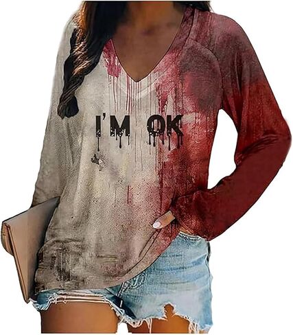 QIANRUO I'm Fine Bloody T Shirt Women Problem Solved Bloody Shirt Halloween Horror Blood Tee Long Sleeve V-Neck Tops Blouse in Saudi Arabia