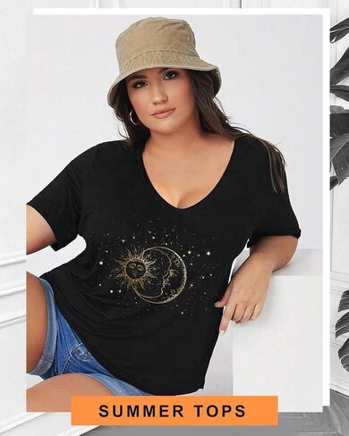 Plus Size Graphic Tees for Women - 1X-4X T Shirts Oversized Tshirts V Neck Loose Fit Summer Short Sleeve Top in Kuwait