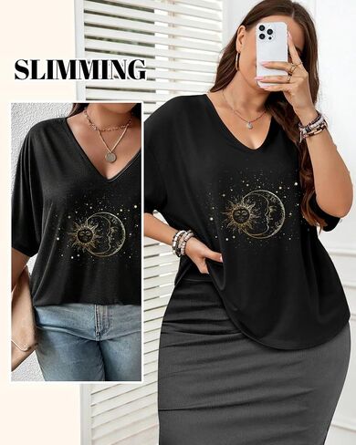 Plus Size Graphic Tees for Women - 1X-4X T Shirts Oversized Tshirts V Neck Loose Fit Summer Short Sleeve Top in Kuwait