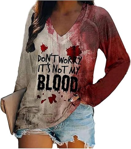 QIANRUO I'm Fine Bloody T Shirt Women Problem Solved Bloody Shirt Halloween Horror Blood Tee Long Sleeve V-Neck Tops Blouse in Saudi Arabia