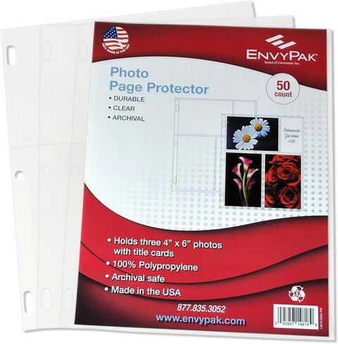 EnvyPak Photo Sheet Protector - Clear, 8.5 X 11 Inch, Holds 6 4" x 6" Inch Photos & Title Cards (6 Photos & 2 Cards per Page) - 3 Hole Punched - Pack of 50 in Saudi Arabia