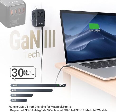 MINIX 100W Universal Travel Adapter with Retractable USB C Cable,GaN III International Power Adapter, Type-C*3 USB-A*1 Ports, AC Outlet, Worldwide Travel Charger for Laptops Tablets Phones Cameras in Saudi Arabia