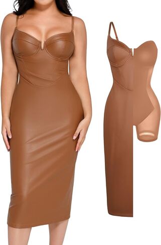 Popilush Corset Shapewear Dress Faux Leather Club Midi Dress V Neck Night Out Bodycon Dresses for Women in Kuwait