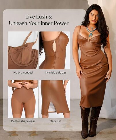 Popilush Corset Shapewear Dress Faux Leather Club Midi Dress V Neck Night Out Bodycon Dresses for Women in Kuwait