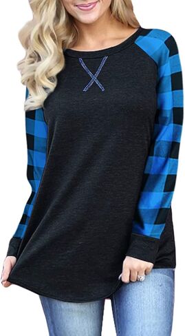 Womens Long Sleeve Buffalo Plaid Shirt Loose Fitting Patchwork Raglan Check Tops in Saudi Arabia