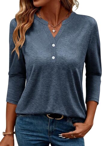 TICTICMIMI Women's V Neck 3/4 Sleeve Tops Button Down Casual T Shirts Basic Loose Fit Tunic Blouse in Saudi Arabia
