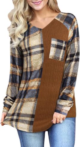 Womens Long Sleeve Buffalo Plaid Shirt Loose Fitting Patchwork Raglan Check Tops in Saudi Arabia