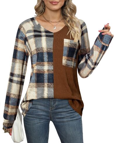 Womens Long Sleeve Buffalo Plaid Shirt Loose Fitting Patchwork Raglan Check Tops in Saudi Arabia