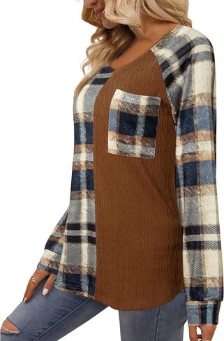Womens Long Sleeve Buffalo Plaid Shirt Loose Fitting Patchwork Raglan Check Tops in Saudi Arabia