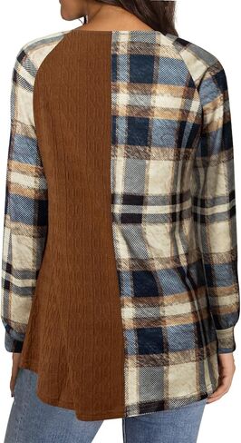 Womens Long Sleeve Buffalo Plaid Shirt Loose Fitting Patchwork Raglan Check Tops in Saudi Arabia