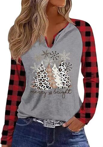 Long Sleeve Notch Neck Christmas T-Shirt for Women V-Neck Winter Family Raglan Xmas Baseball Tops Tees in Kuwait