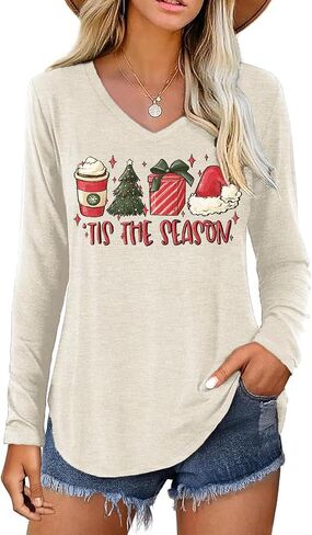 Long Sleeve Notch Neck Christmas T-Shirt for Women V-Neck Winter Family Raglan Xmas Baseball Tops Tees in Kuwait