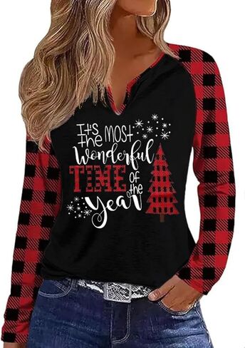 Long Sleeve Notch Neck Christmas T-Shirt for Women V-Neck Winter Family Raglan Xmas Baseball Tops Tees in Kuwait