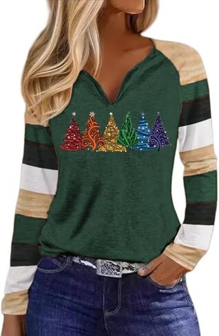 Long Sleeve Notch Neck Christmas T-Shirt for Women V-Neck Winter Family Raglan Xmas Baseball Tops Tees in Kuwait