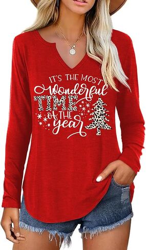 Long Sleeve Notch Neck Christmas T-Shirt for Women V-Neck Winter Family Raglan Xmas Baseball Tops Tees in Kuwait