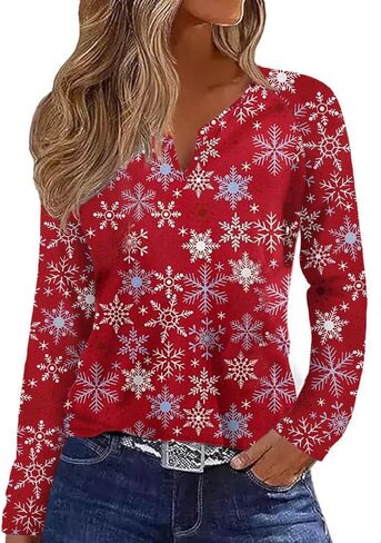 Long Sleeve Notch Neck Christmas T-Shirt for Women V-Neck Winter Family Raglan Xmas Baseball Tops Tees in Kuwait