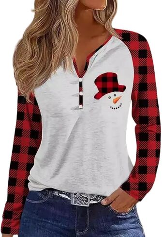 Long Sleeve Notch Neck Christmas T-Shirt for Women V-Neck Winter Family Raglan Xmas Baseball Tops Tees in Kuwait