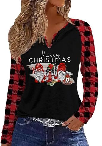 Long Sleeve Notch Neck Christmas T-Shirt for Women V-Neck Winter Family Raglan Xmas Baseball Tops Tees in Kuwait