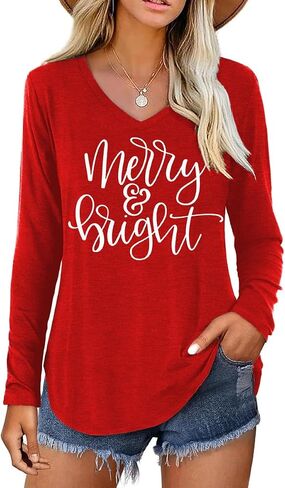 Long Sleeve Notch Neck Christmas T-Shirt for Women V-Neck Winter Family Raglan Xmas Baseball Tops Tees in Kuwait