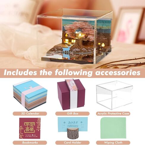 تقويم ثلاثي الأبعاد 2025 لوحة مذكرة قطعة زمنية تقويم إلك ساكورا شجرة البيت ورقة الفن المفكرة نحت هدية ديكور مكتب، تقويم مكتب فني ملاحظات DIY مع أضواء LED / حامل، نحت حرفي ديكور مكتب المنزل in Kuwait