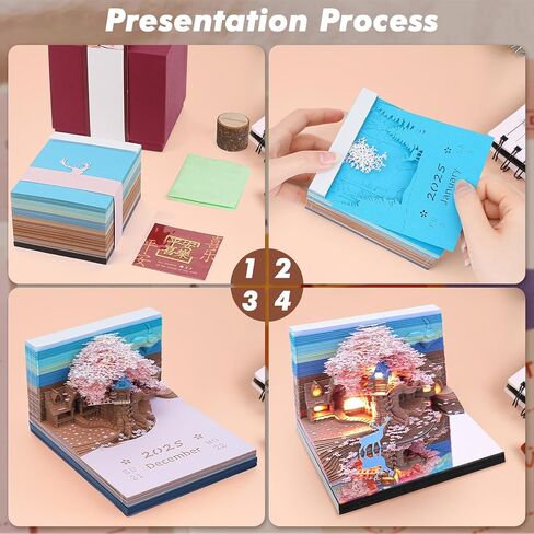 تقويم ثلاثي الأبعاد 2025 لوحة مذكرة قطعة زمنية تقويم إلك ساكورا شجرة البيت ورقة الفن المفكرة نحت هدية ديكور مكتب، تقويم مكتب فني ملاحظات DIY مع أضواء LED / حامل، نحت حرفي ديكور مكتب المنزل in Kuwait