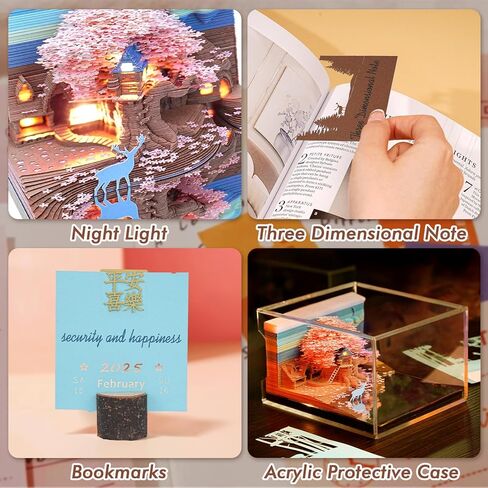 تقويم ثلاثي الأبعاد 2025 لوحة مذكرة قطعة زمنية تقويم إلك ساكورا شجرة البيت ورقة الفن المفكرة نحت هدية ديكور مكتب، تقويم مكتب فني ملاحظات DIY مع أضواء LED / حامل، نحت حرفي ديكور مكتب المنزل in Kuwait