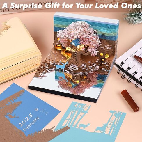 تقويم ثلاثي الأبعاد 2025 لوحة مذكرة قطعة زمنية تقويم إلك ساكورا شجرة البيت ورقة الفن المفكرة نحت هدية ديكور مكتب، تقويم مكتب فني ملاحظات DIY مع أضواء LED / حامل، نحت حرفي ديكور مكتب المنزل in Kuwait