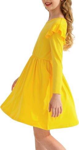 Girls' Long Sleeve Ruffle Trim Dresses Elastic Waist Knee Length Scoop Neck Casual Dress in Kuwait