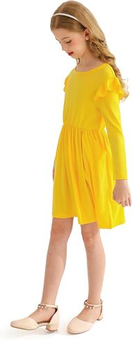Girls' Long Sleeve Ruffle Trim Dresses Elastic Waist Knee Length Scoop Neck Casual Dress in Kuwait
