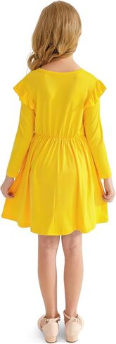 Girls' Long Sleeve Ruffle Trim Dresses Elastic Waist Knee Length Scoop Neck Casual Dress in Kuwait