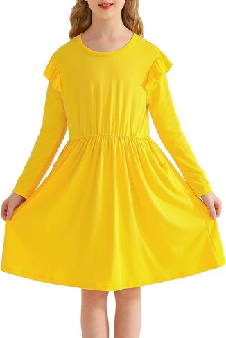 Girls' Long Sleeve Ruffle Trim Dresses Elastic Waist Knee Length Scoop Neck Casual Dress in Kuwait