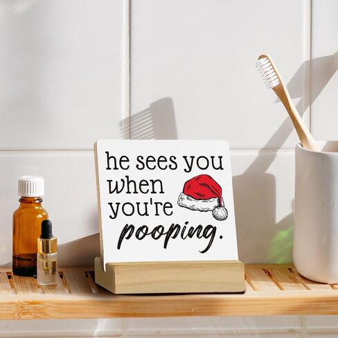 QASHWEY He Sees You When You're Pooping Sign, Funny Christmas Decorations,Christmas Bathroom Decorations, Bathroom Christmas Decorations,Christmas Sign,Christmas Table Decor for Guest Bathroom Toilet in Kuwait