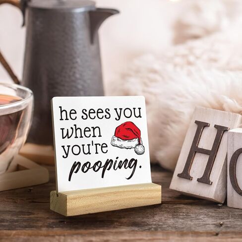 QASHWEY He Sees You When You're Pooping Sign, Funny Christmas Decorations,Christmas Bathroom Decorations, Bathroom Christmas Decorations,Christmas Sign,Christmas Table Decor for Guest Bathroom Toilet in Kuwait