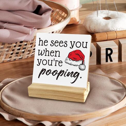 QASHWEY He Sees You When You're Pooping Sign, Funny Christmas Decorations,Christmas Bathroom Decorations, Bathroom Christmas Decorations,Christmas Sign,Christmas Table Decor for Guest Bathroom Toilet in Kuwait