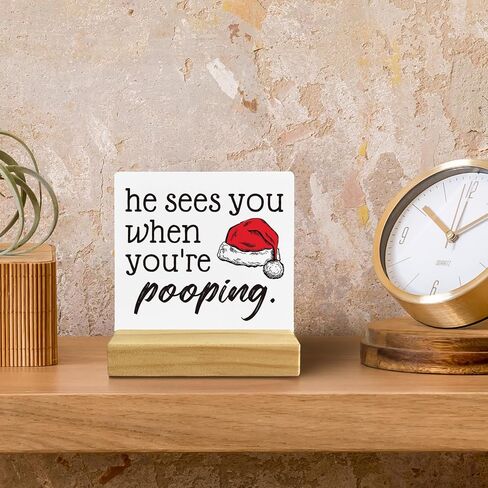 QASHWEY He Sees You When You're Pooping Sign, Funny Christmas Decorations,Christmas Bathroom Decorations, Bathroom Christmas Decorations,Christmas Sign,Christmas Table Decor for Guest Bathroom Toilet in Kuwait