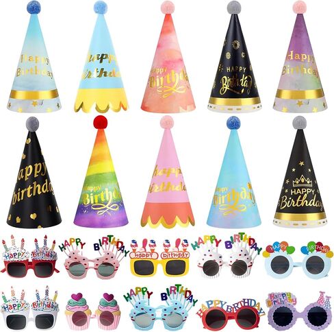 20Pcs Birthday Party Hats for Adults Birthday Sunglasses Funny Rainbow Party Cone Hats Colorful Birthday Supplies in Kuwait
