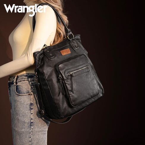 Wrangler Tote Bag for Women Soft Washed Leather Multi Pocket Shoulder Purses in Saudi Arabia