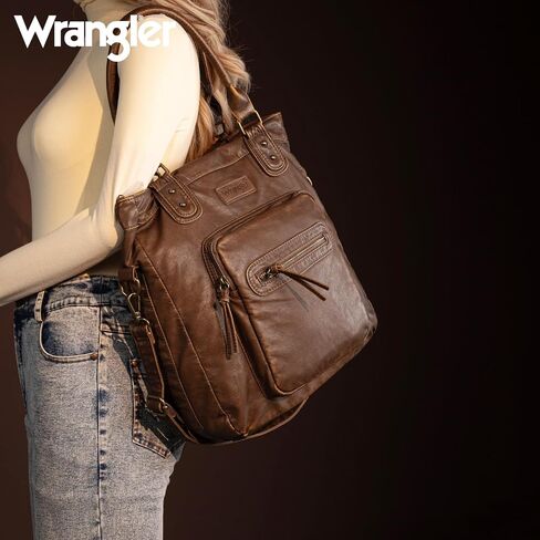 Wrangler Tote Bag for Women Soft Washed Leather Multi Pocket Shoulder Purses in Saudi Arabia