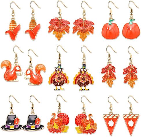 NVENF 9 Pairs Thanksgiving Fall Earrings Harvest Pumpkin Maple Leaf Stud Earrings for Women Cute Squirrel Turkey Dangle Earrings Thanksgiving Autumn Party Jewelry Gifts in Kuwait