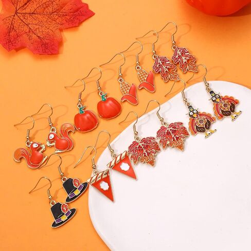 NVENF 9 Pairs Thanksgiving Fall Earrings Harvest Pumpkin Maple Leaf Stud Earrings for Women Cute Squirrel Turkey Dangle Earrings Thanksgiving Autumn Party Jewelry Gifts in Kuwait