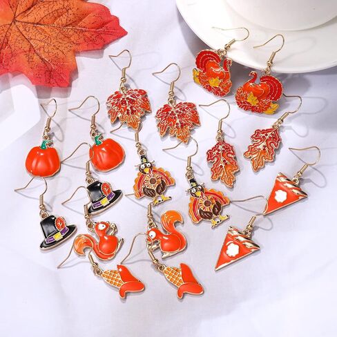 NVENF 9 Pairs Thanksgiving Fall Earrings Harvest Pumpkin Maple Leaf Stud Earrings for Women Cute Squirrel Turkey Dangle Earrings Thanksgiving Autumn Party Jewelry Gifts in Kuwait