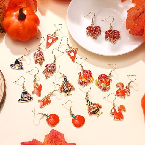 NVENF 9 Pairs Thanksgiving Fall Earrings Harvest Pumpkin Maple Leaf Stud Earrings for Women Cute Squirrel Turkey Dangle Earrings Thanksgiving Autumn Party Jewelry Gifts in Kuwait