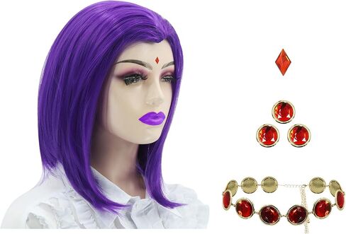 Womens Purple Short Bob Straight Wig with Gems Raven Wig Belt Costume Party Halloween Cosplay Wigs in Saudi Arabia