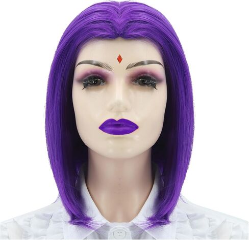 Womens Purple Short Bob Straight Wig with Gems Raven Wig Belt Costume Party Halloween Cosplay Wigs in Saudi Arabia