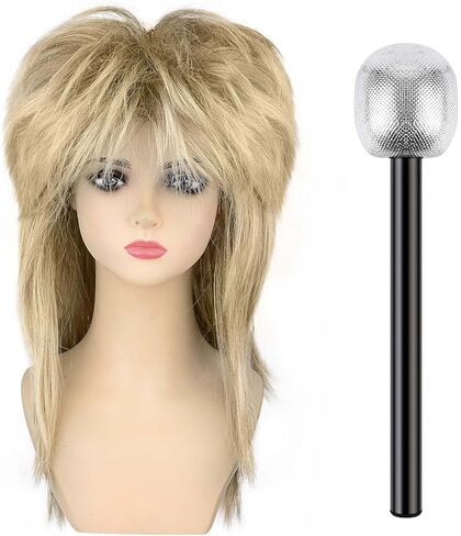 Kavoc Women Rock Diva Costume Wig with Toy Stage Microphone Long Blonde Mullet Wig for 70s 80s Rocker Halloween Cosplay Party in Saudi Arabia